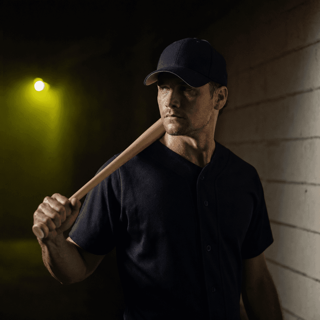 A MLB player in a floodlit stadium tunnel
