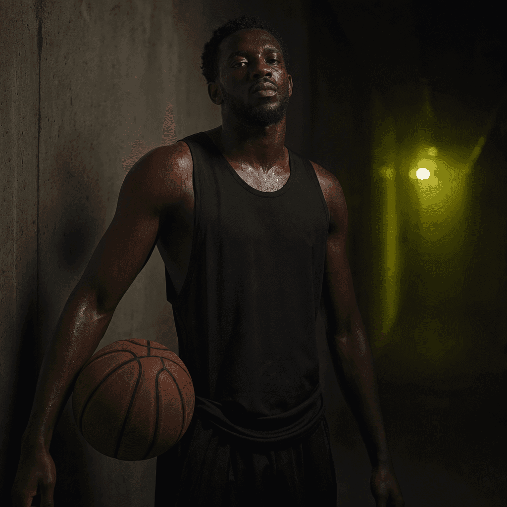 A NBA player in a floodlit stadium tunnel