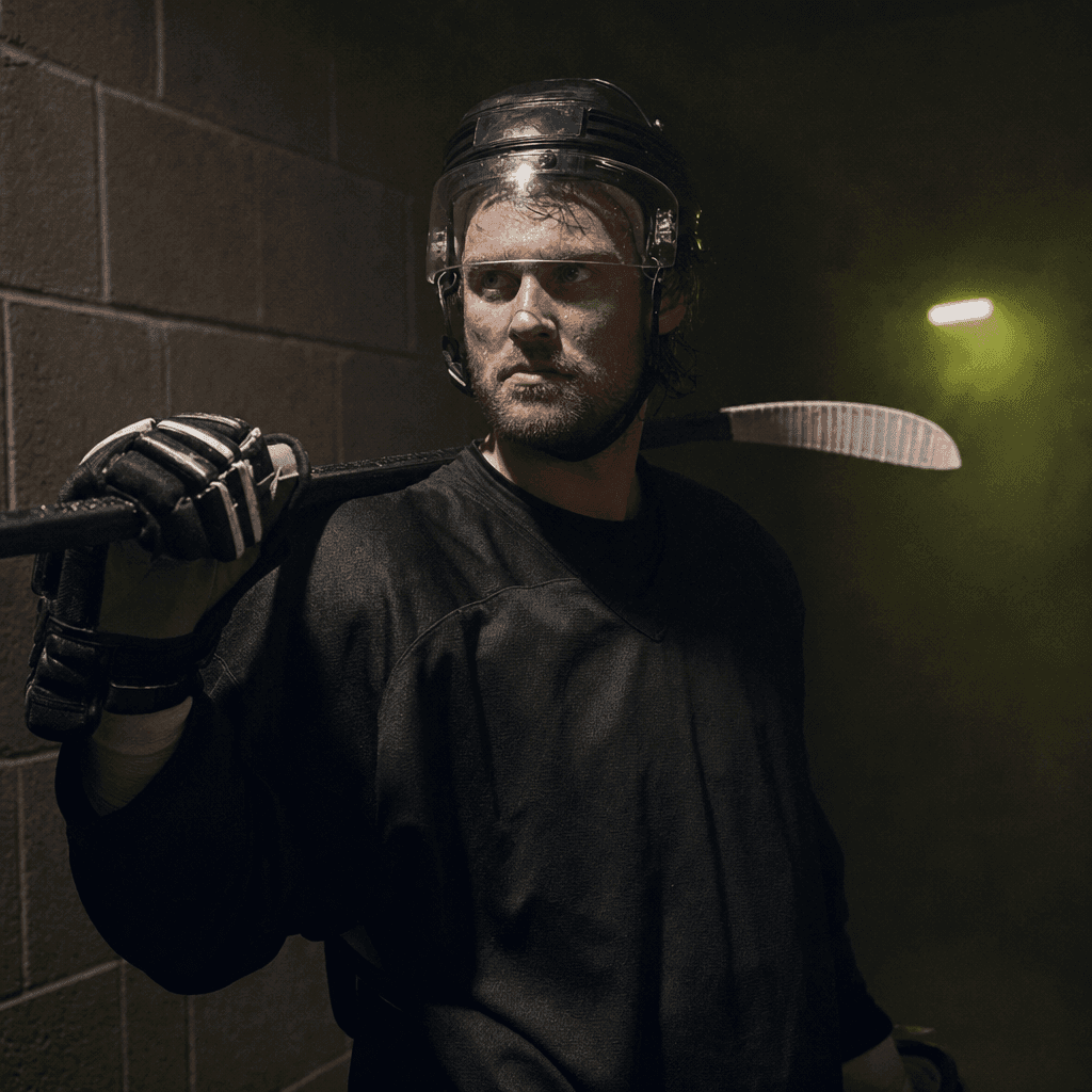 A NHL player in a floodlit stadium tunnel